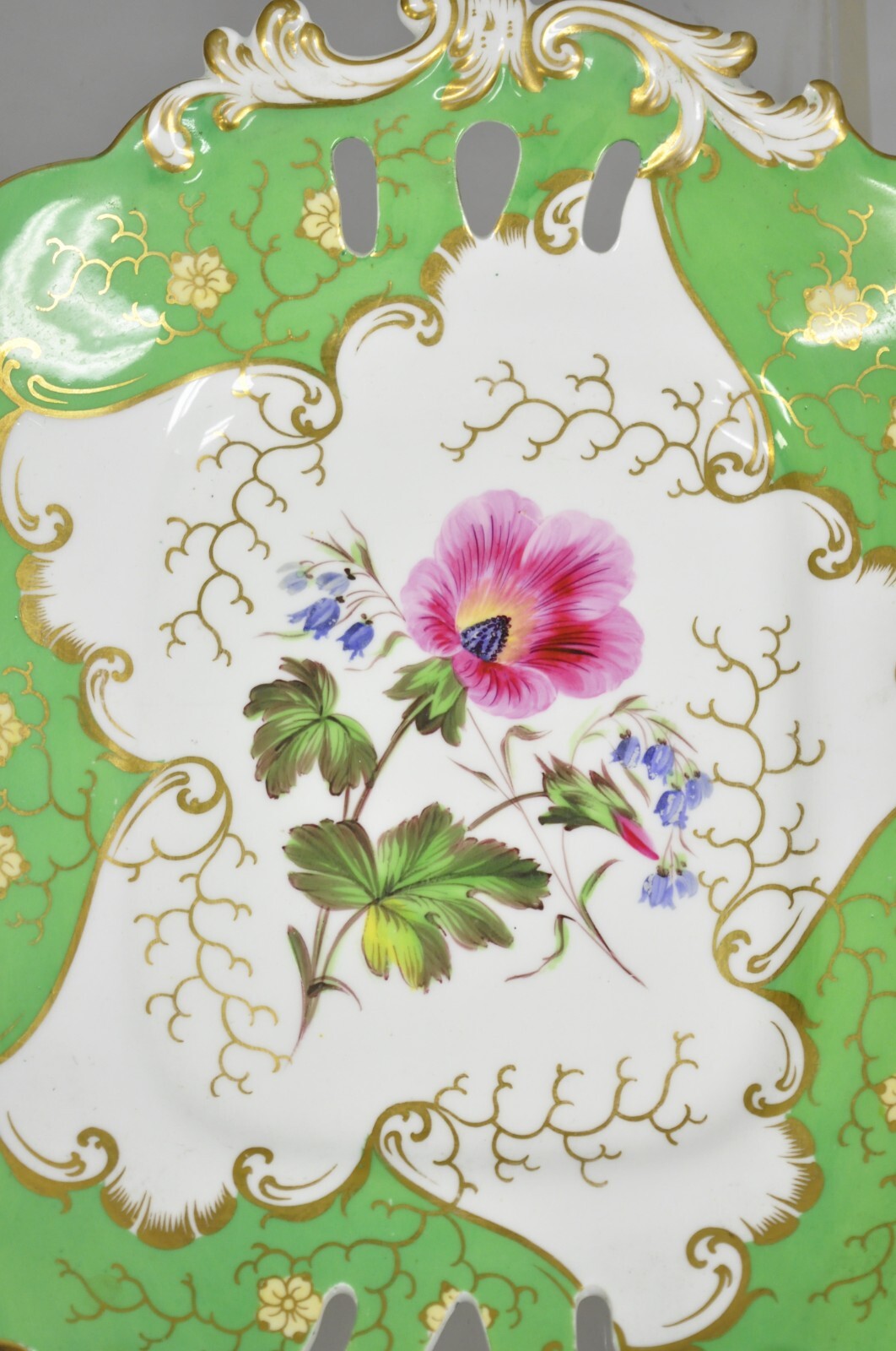 Antique Samuel Alcock Bone China Porcelain Dessert Plate Green w/ Flowers - Pair
