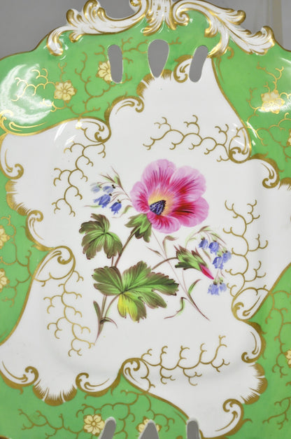 Antique Samuel Alcock Bone China Porcelain Dessert Plate Green w/ Flowers - Pair