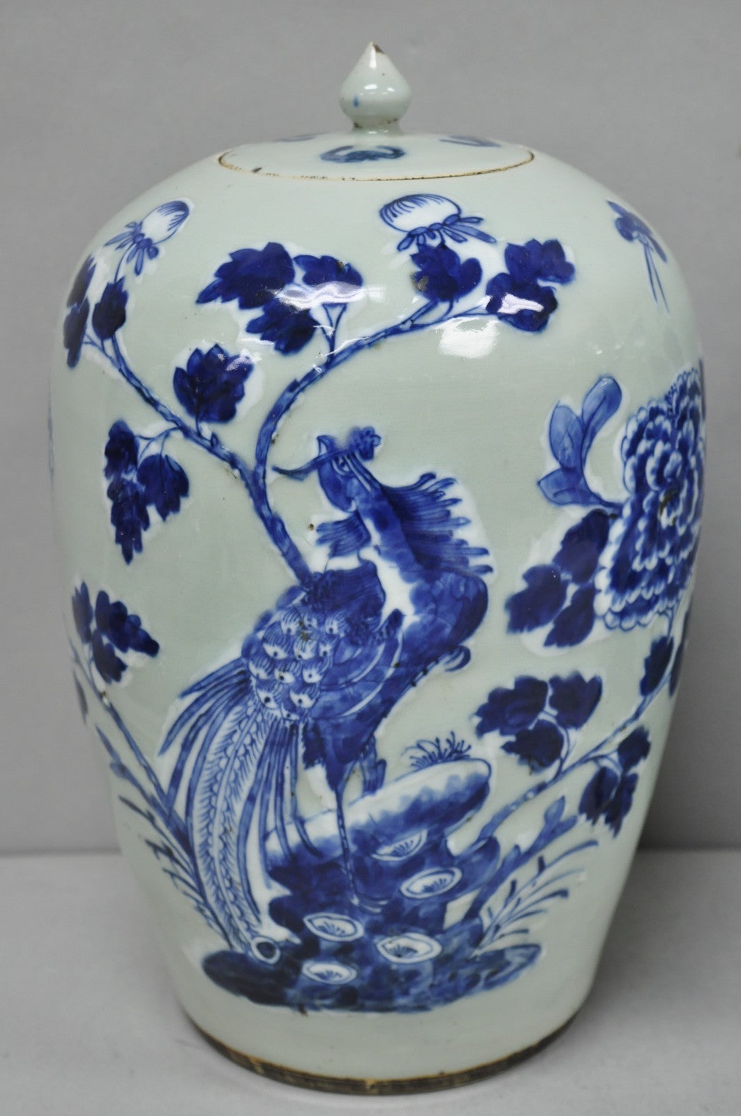 Antique Chinese Phoenix Bird Celadon Green Porcelain Covered Ginger Jar - Pair