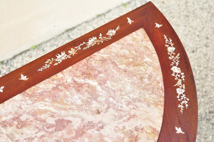 Vintage Oriental Chinese Carved Hardwood Demilune Marble Top Console Hall Table