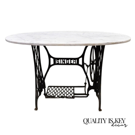 Cast Iron Singer Treadle Sewing Machine Base Console Table Oval Marble Top