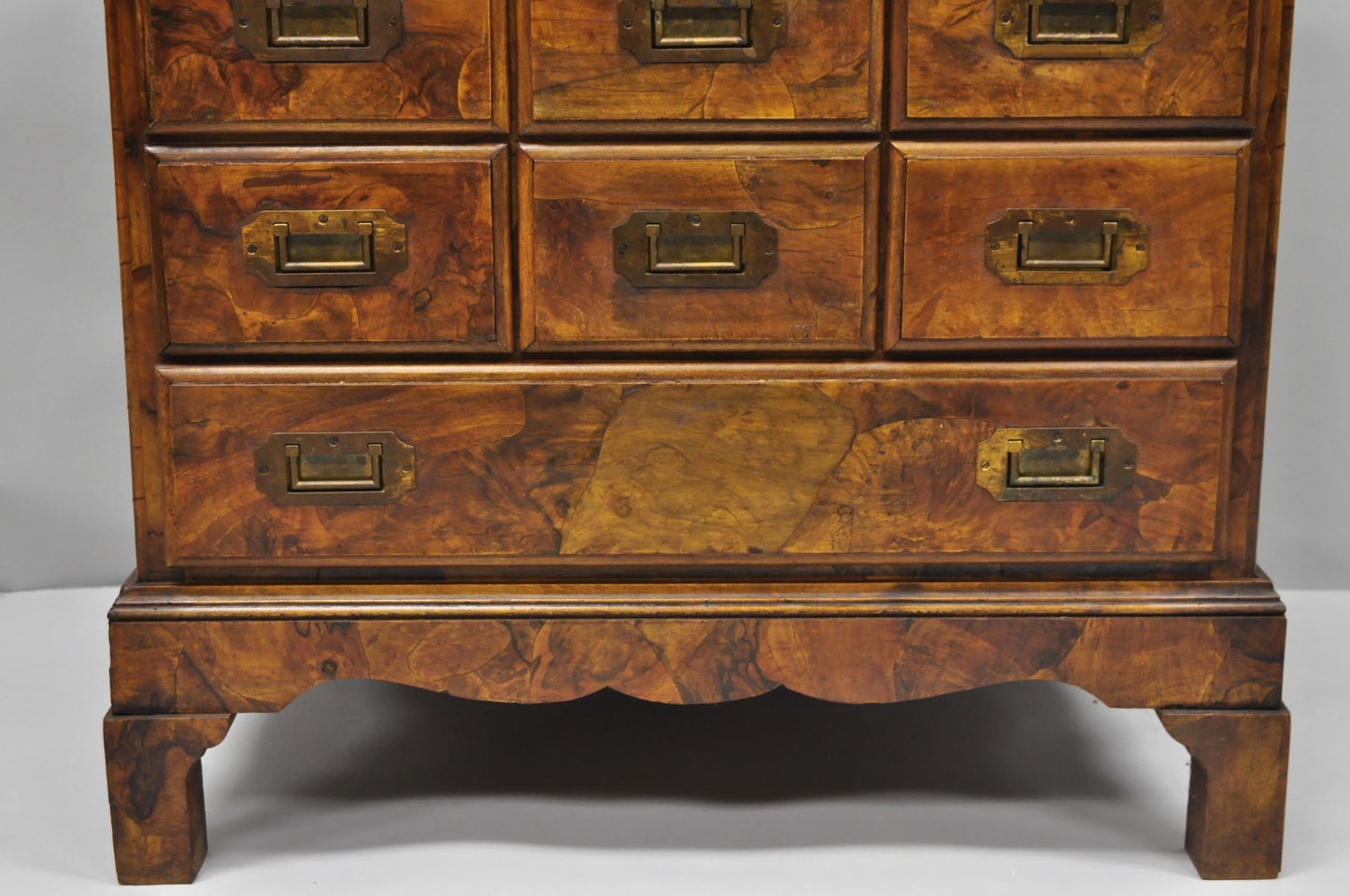 Vintage Italian Olive Wood Veneer Campaign Chest of Drawers Cabinet Side Table