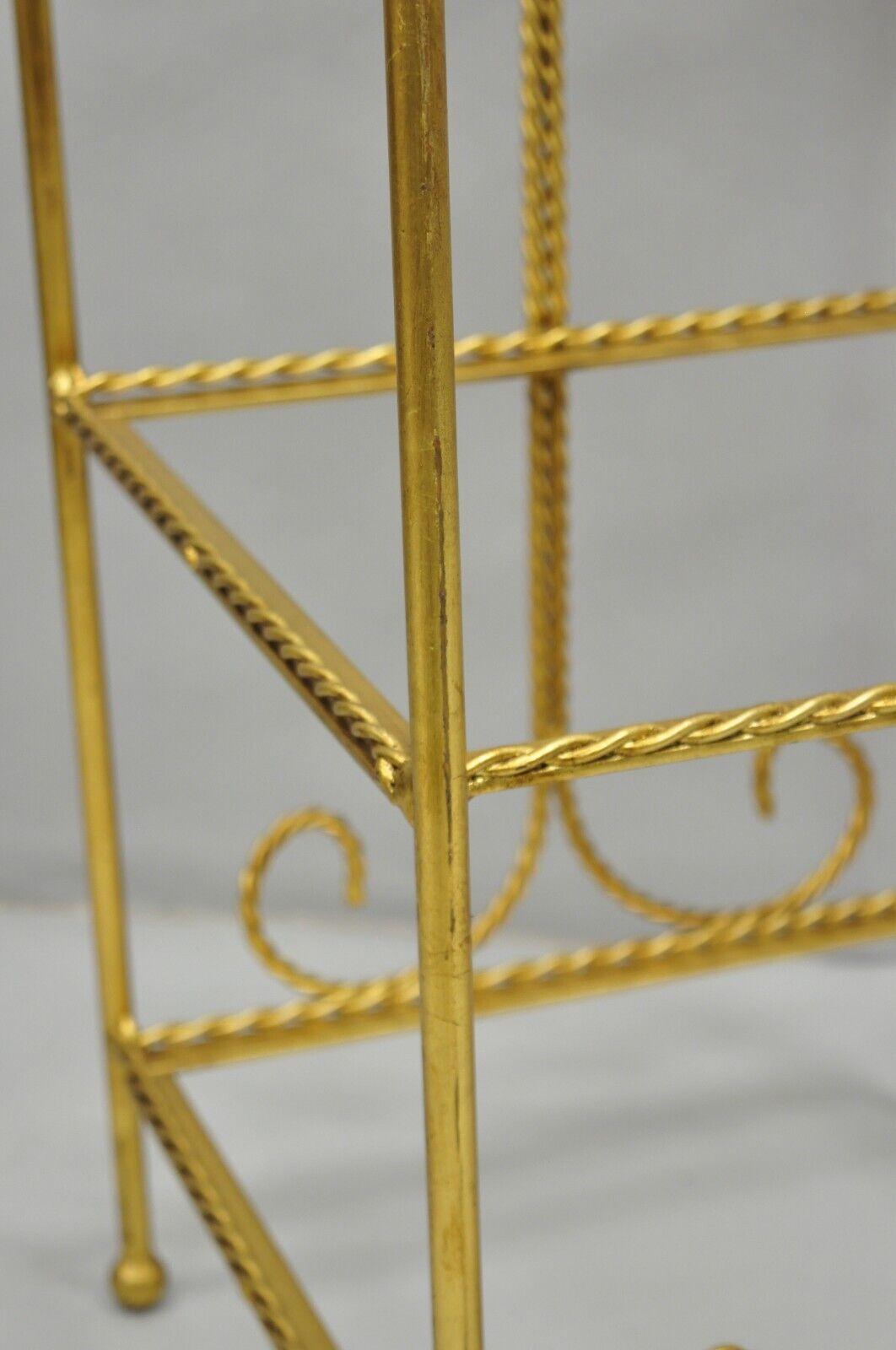 Italian Hollywood Regency Gold Gilt Iron Tassel 3 Tier Etagere Towel Rack Stand