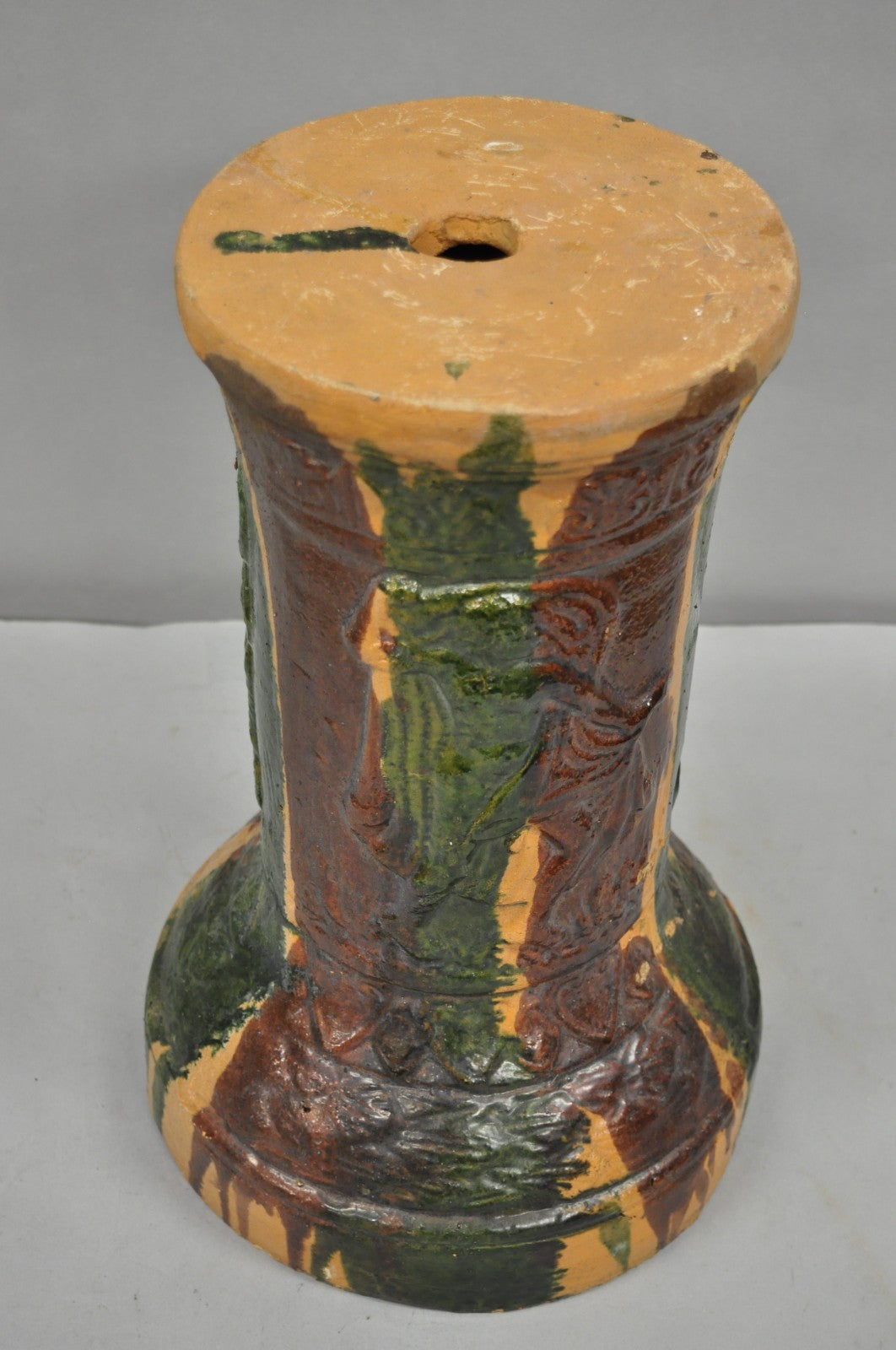 Antique Majolica Terracotta Red Green Drip Glaze Figural Plant Stand Pedestal