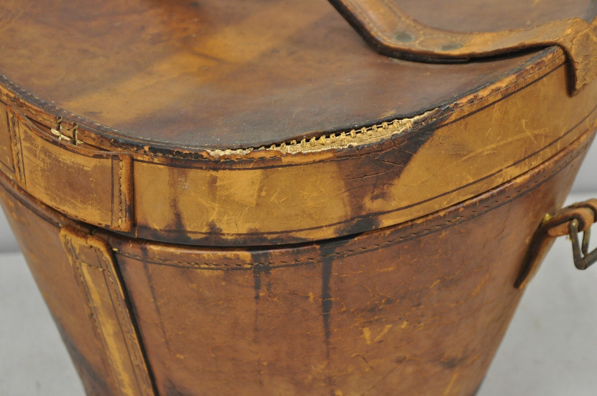Antique Victorian Brown Leather Travel Case Hat Box w/ Miller of NY Silk Top Hat