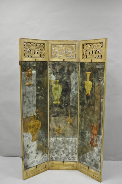 Antique Chinoiserie Oriental Eglomise Antiqued Mirror Glass 3 Panel Room Screen