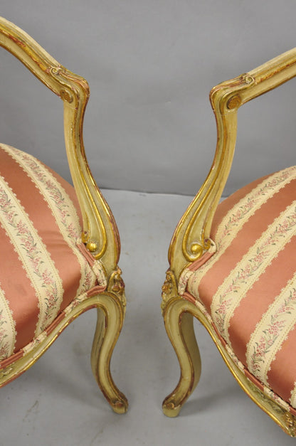 Antique French Louis XV Style Gold Giltwood Pink Stripe Fauteuil Arm Chair, Pair