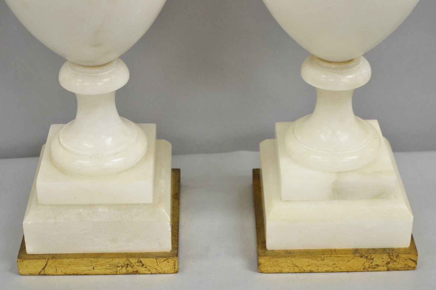 Italian Neoclassical Large Carved Solid Alabaster Marble Urn Table Lamps - Pair