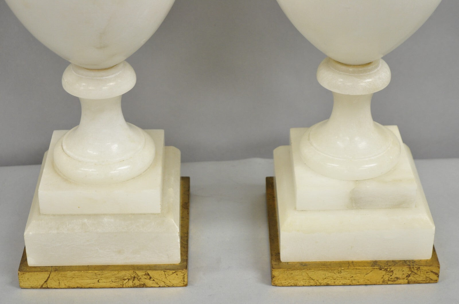 Italian Neoclassical Large Carved Solid Alabaster Marble Urn Table Lamps - Pair