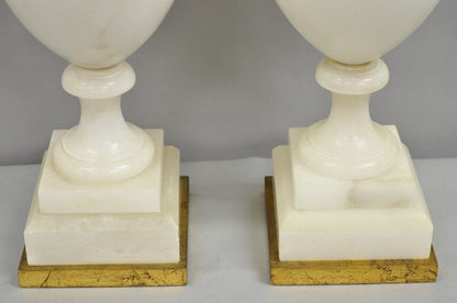 Italian Neoclassical Large Carved Solid Alabaster Marble Urn Table Lamps - Pair