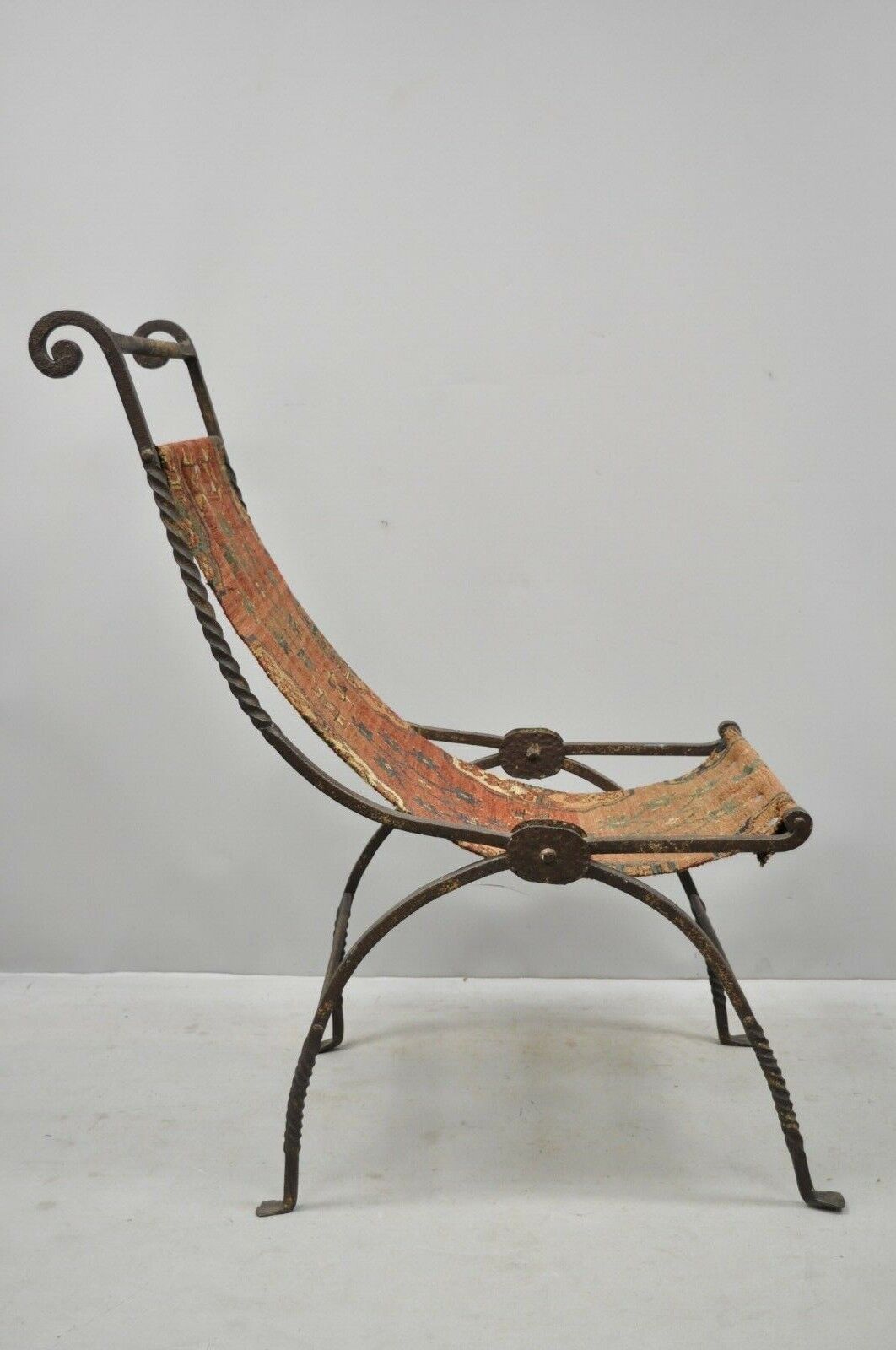 19th C. Renaissance Wrought Iron Curule Savonarola Carpet Sling Side Chair