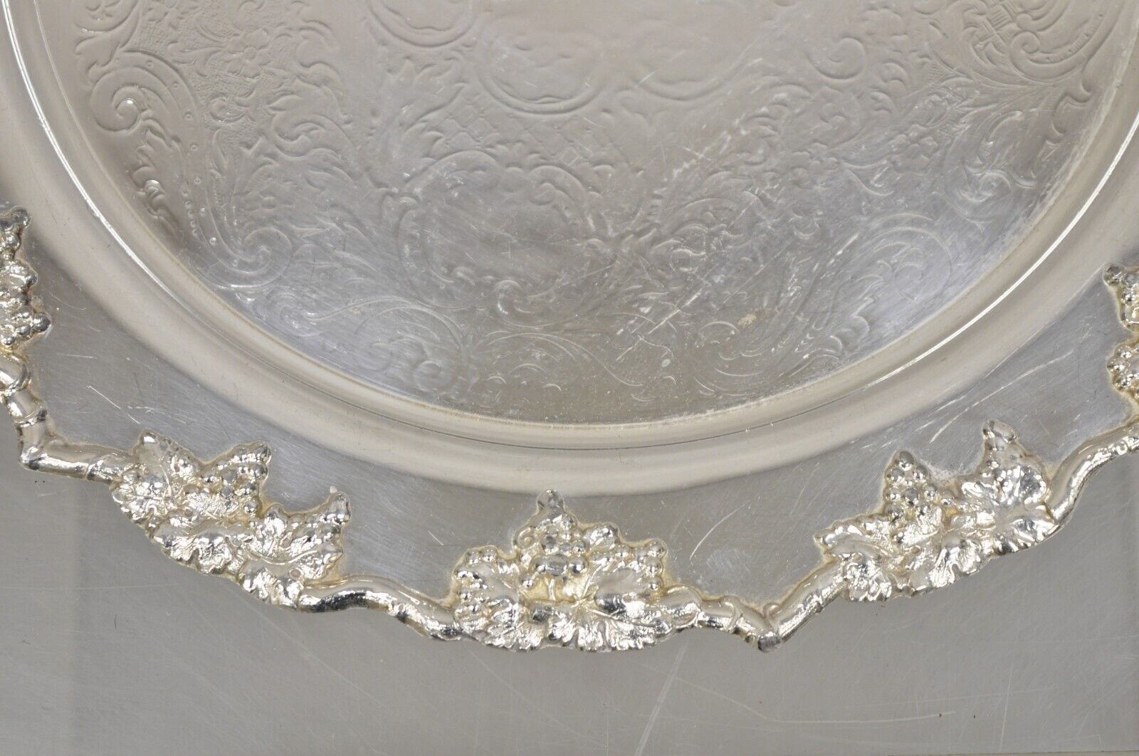 Antique English Victorian Silver Plated Grapevine Round Serving Platter Tray