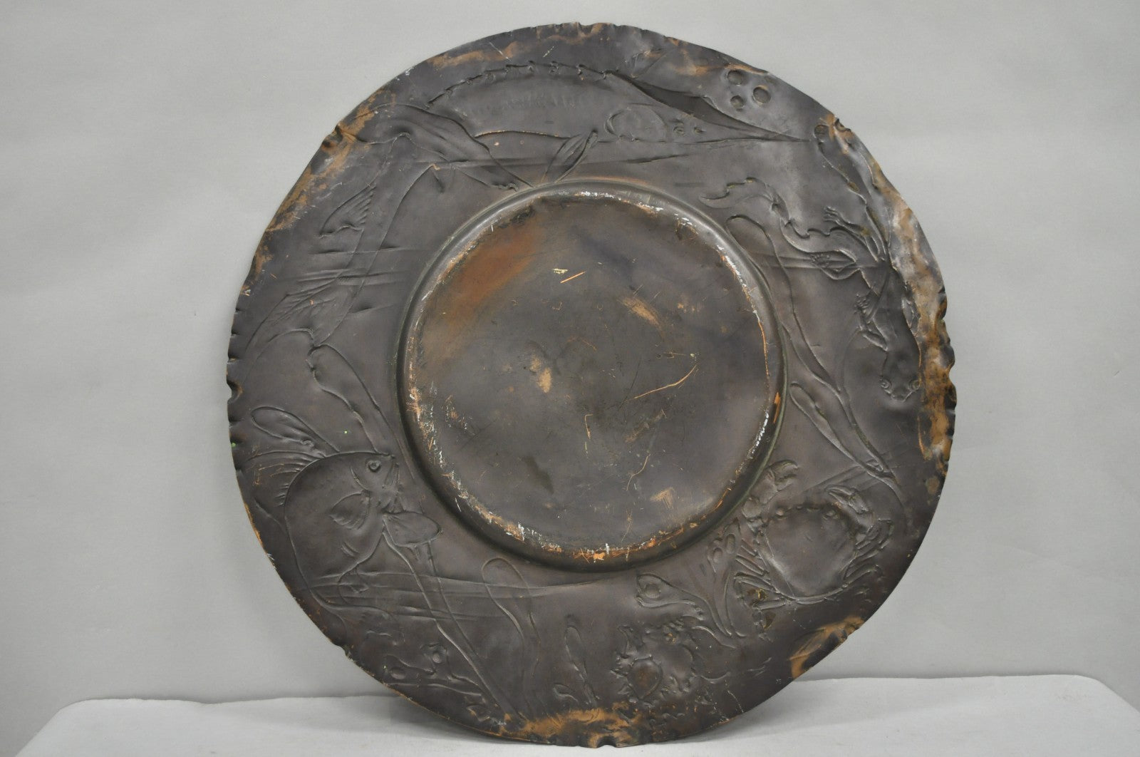 Antique Jugendstil Figural Copper Platter Charger of Fish by Steinicken & Lohr