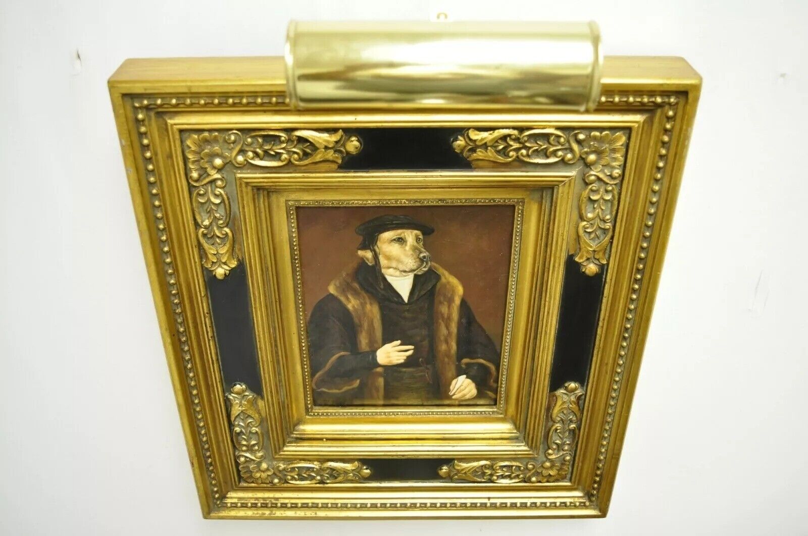 JG Clonney Oil on Board Framed Royal Dog Golden Lab Anthropomorphism Painting