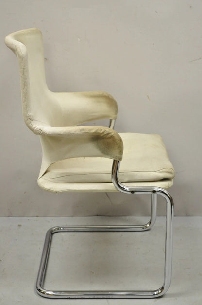 Vintage Mid Century Modern Milo Baughman Style Tubular Chrome Fabric Arm Chair