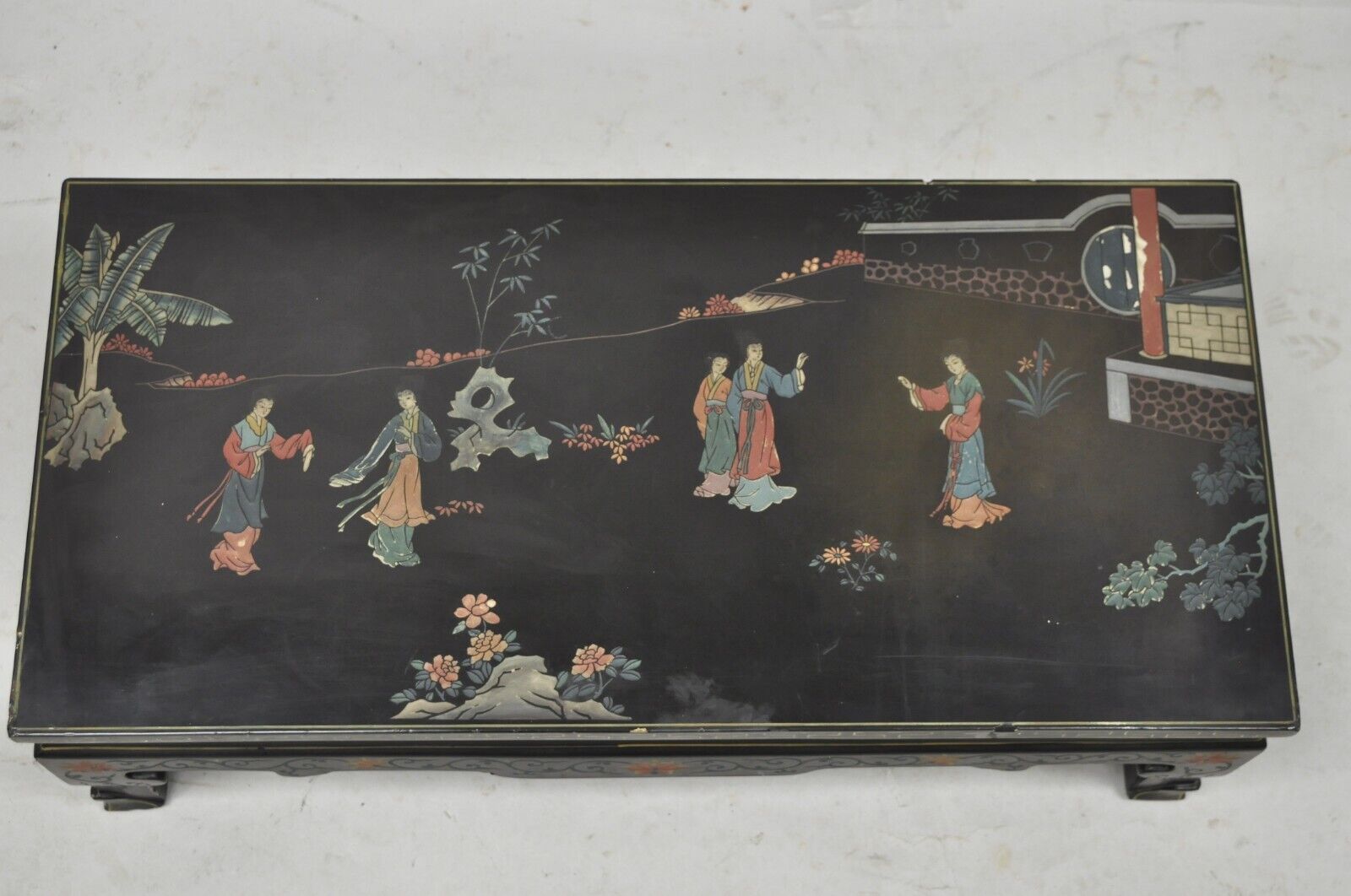 Vintage Chinese Oriental Black Lacquer Hand Painted Low Asian Side Table