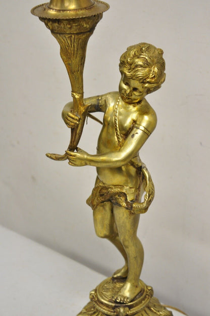 Vintage French Renaissance Brass Rococo Gold Figural Cherub Putti Table Lamp