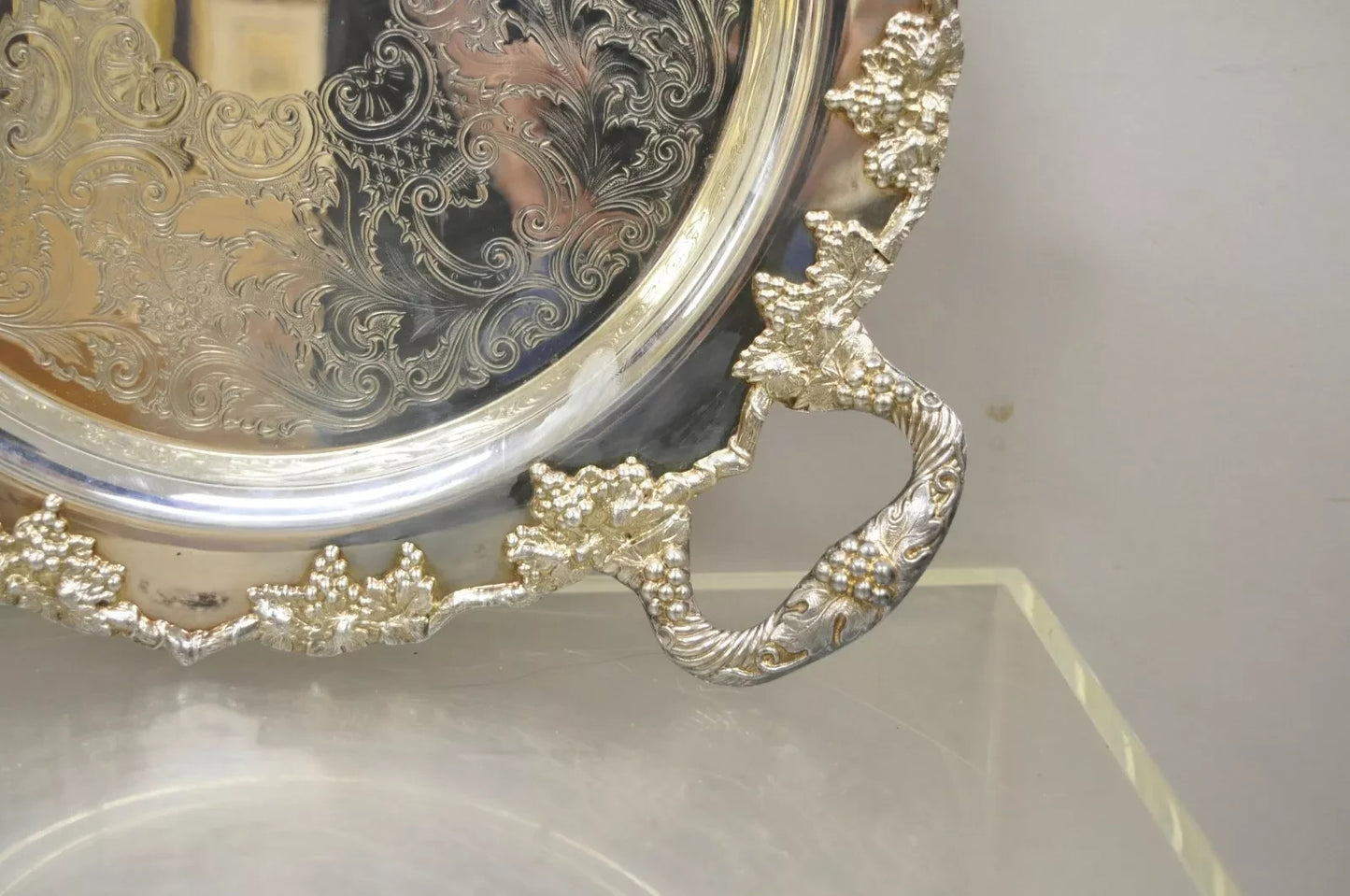 Vintage Crescent Silver Plated 17" Grapevine Pattern Round Bar Tray w/ Handles
