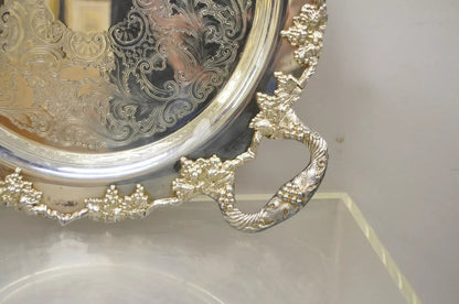 Vintage Crescent Silver Plated 17" Grapevine Pattern Round Bar Tray w/ Handles