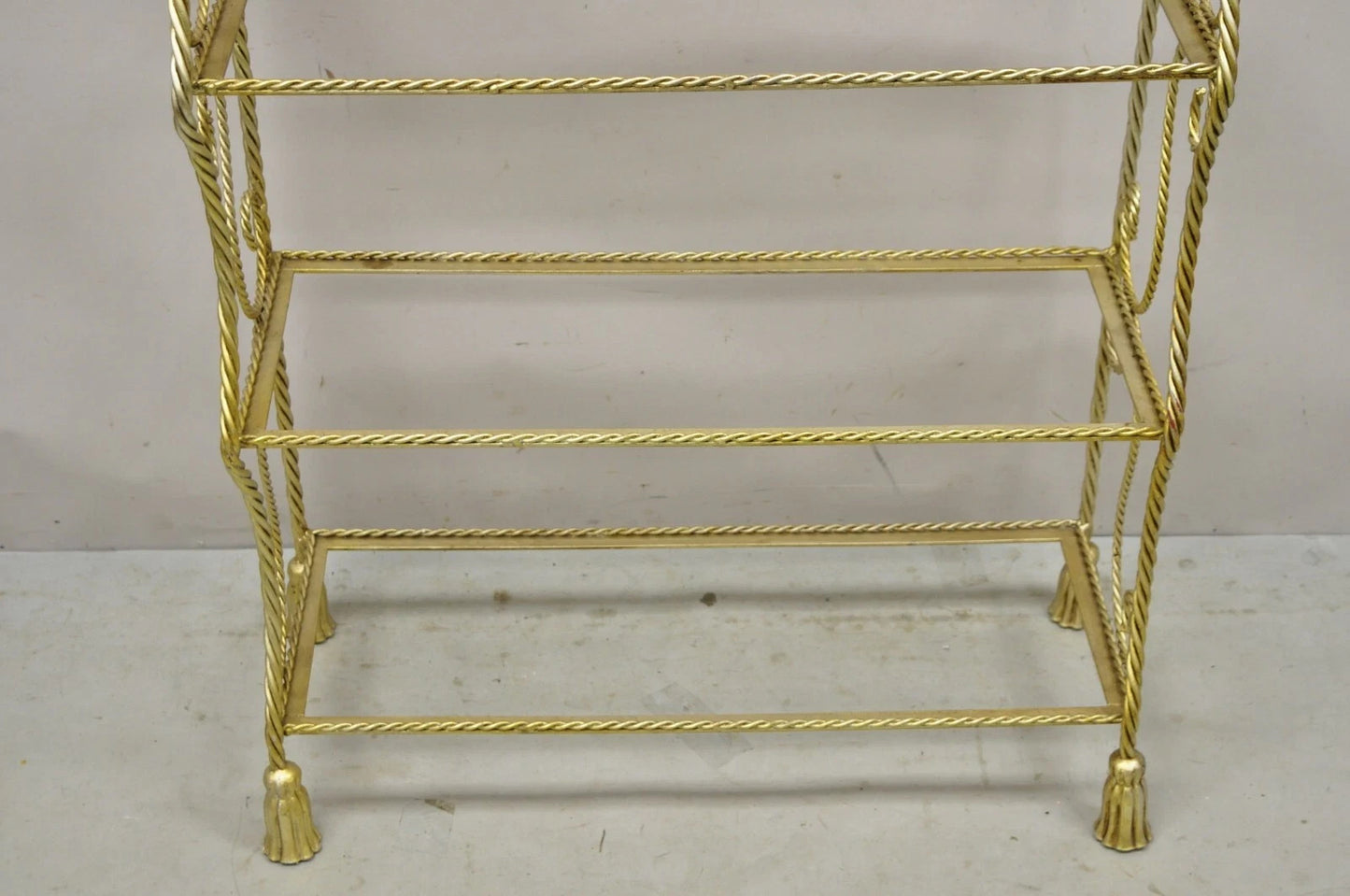 Italian Hollywood Regency Iron Rope Tassel Silver Gold 5 Tier Etagere Bookcase