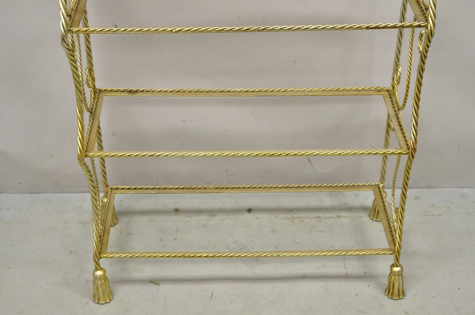 Italian Hollywood Regency Iron Rope Tassel Silver Gold 5 Tier Etagere Bookcase