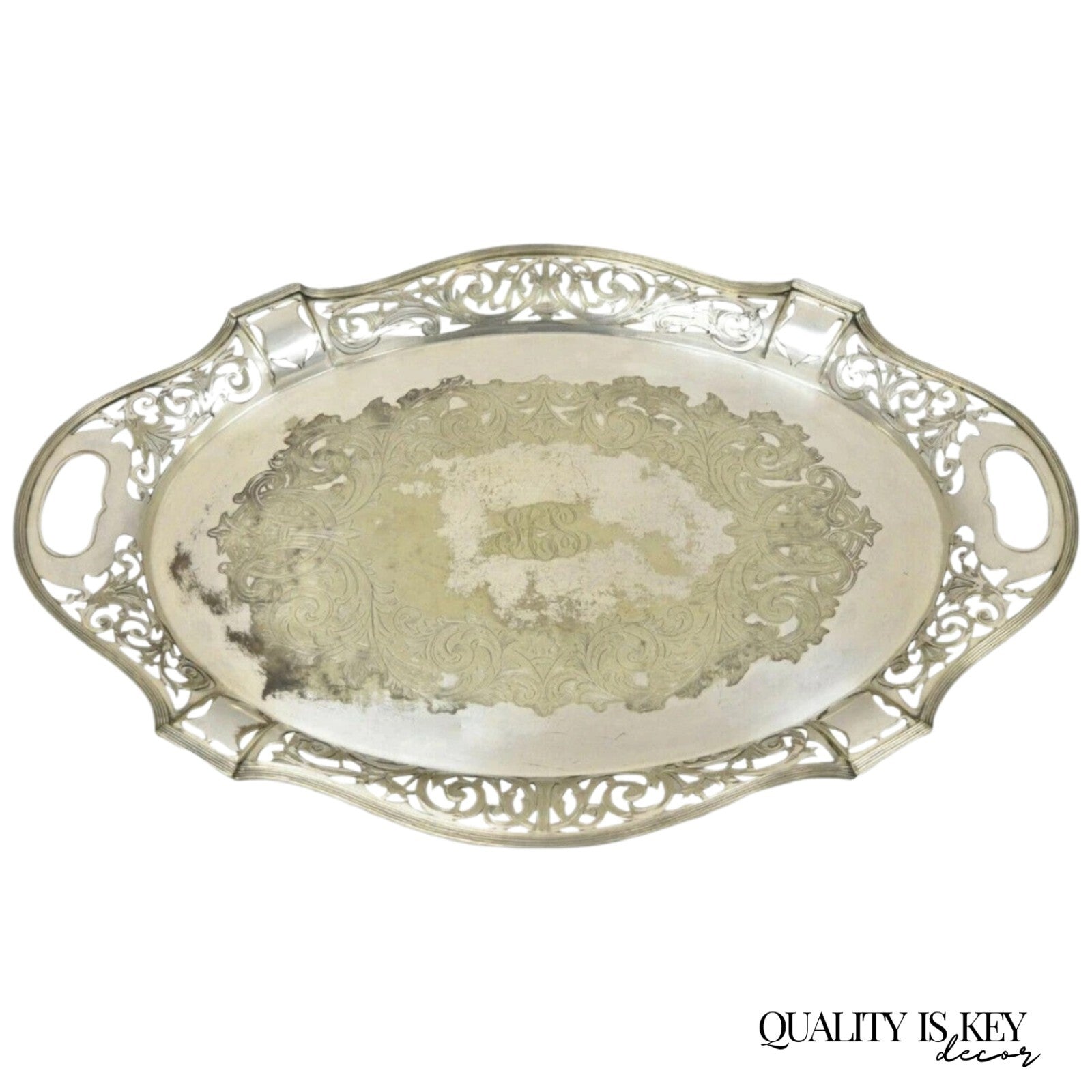 Antique D&H England Victorian Silver Plated Scalloped Serving Platter Bar Tray