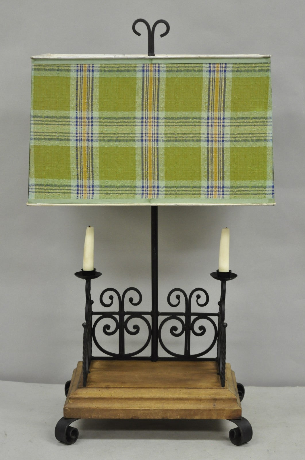 Vintage French Country Gothic Renaissance Scrolling Wrought Iron Wood Table Lamp