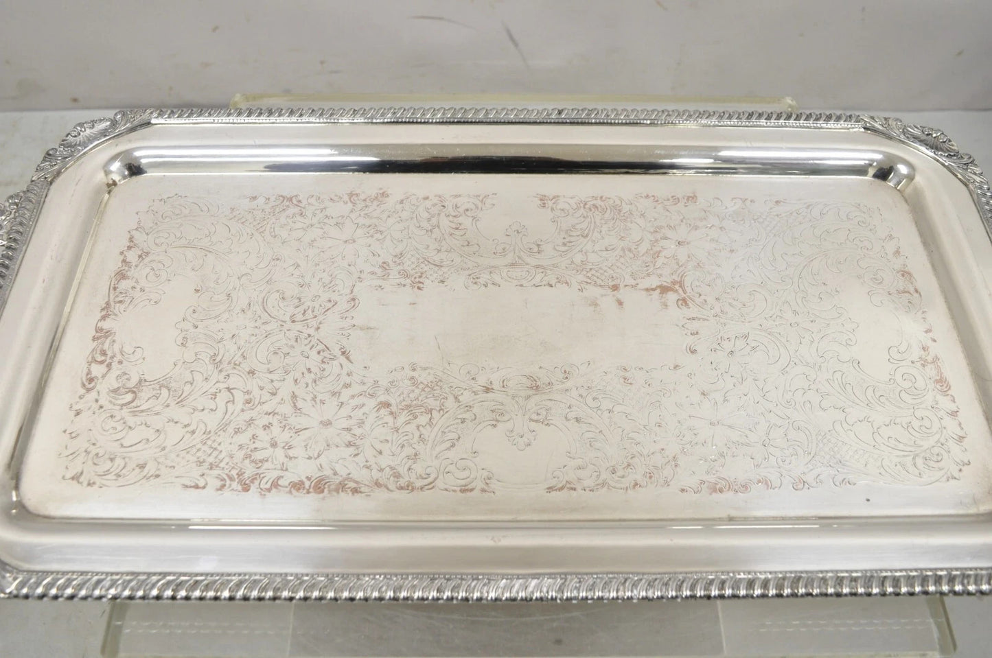 Vintage English Victorian Silver Plated Twin Handle Serving Platter Bar Tray