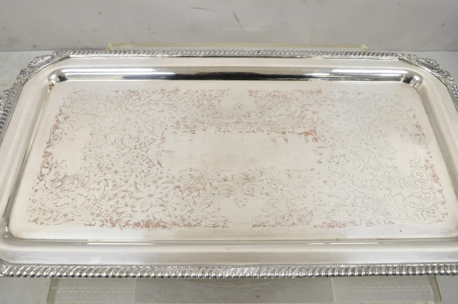 Vintage English Victorian Silver Plated Twin Handle Serving Platter Bar Tray