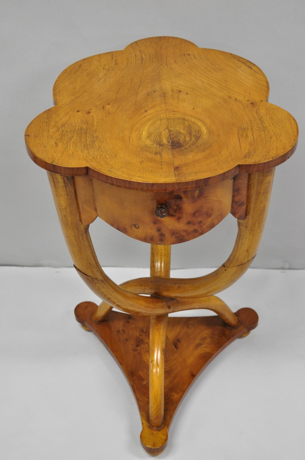 Vintage Art Deco Style Burr Walnut Curved Leg Pedestal One Drawer Side Table