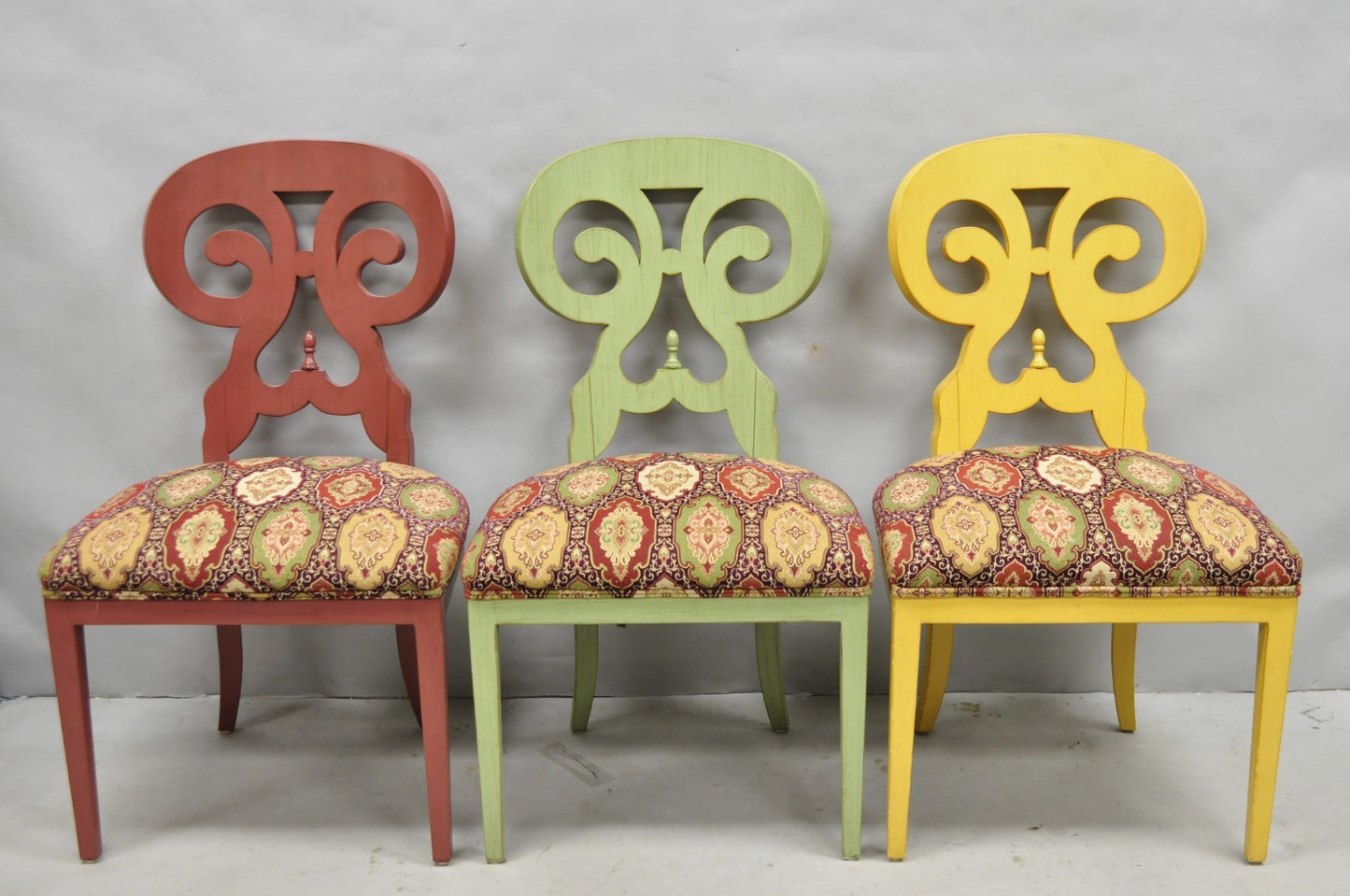 Contemporary Regency Style Red Green Yellow Scroll Back Dining Chairs - Set of 8