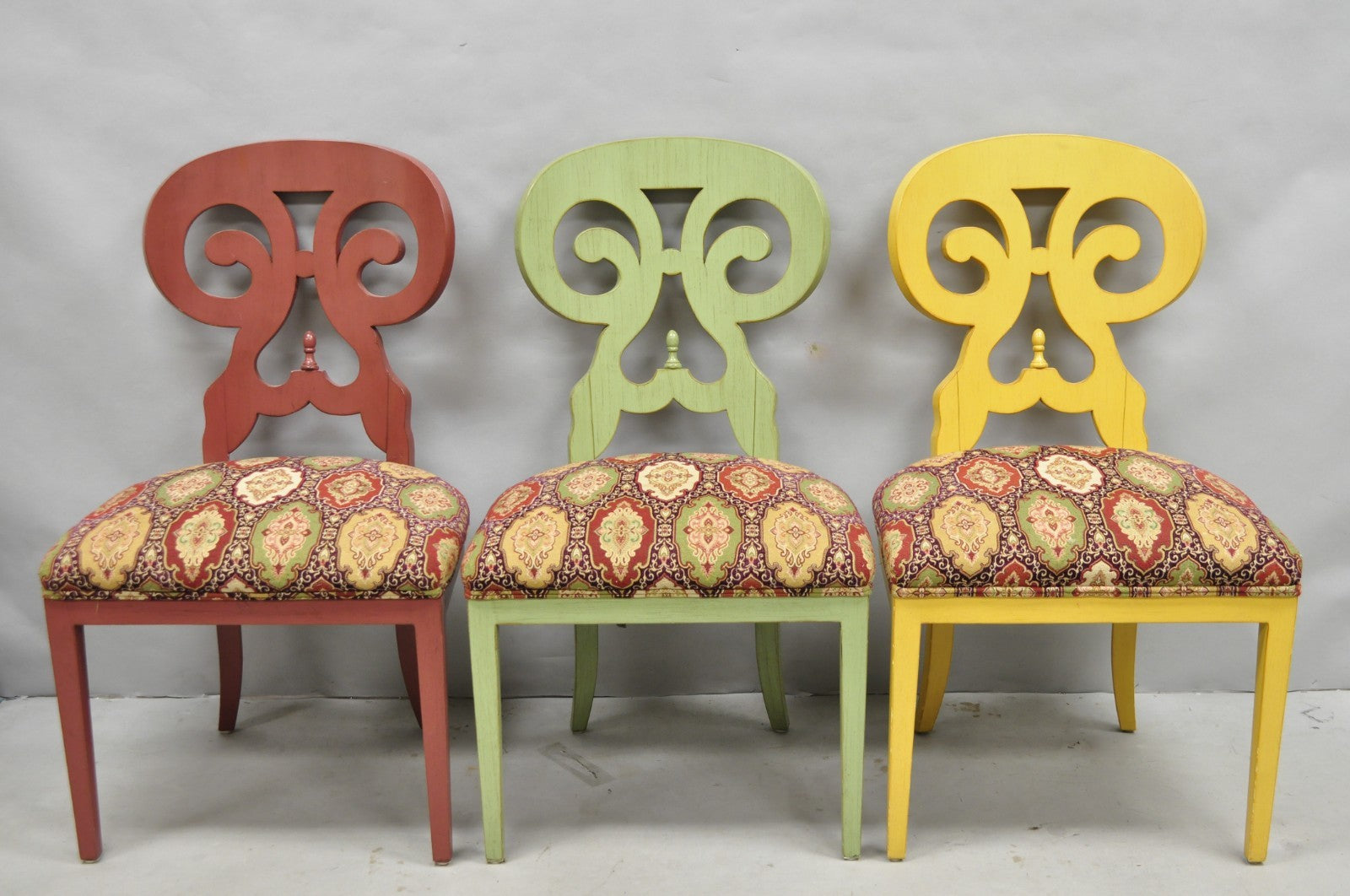 Contemporary Regency Style Red Green Yellow Scroll Back Dining Chairs - Set of 8