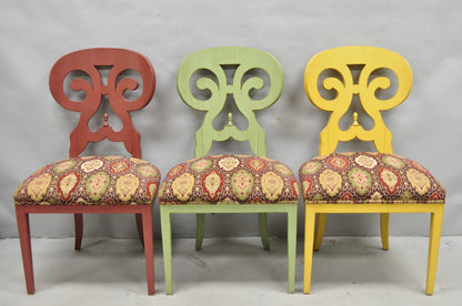 Contemporary Regency Style Red Green Yellow Scroll Back Dining Chairs - Set of 8