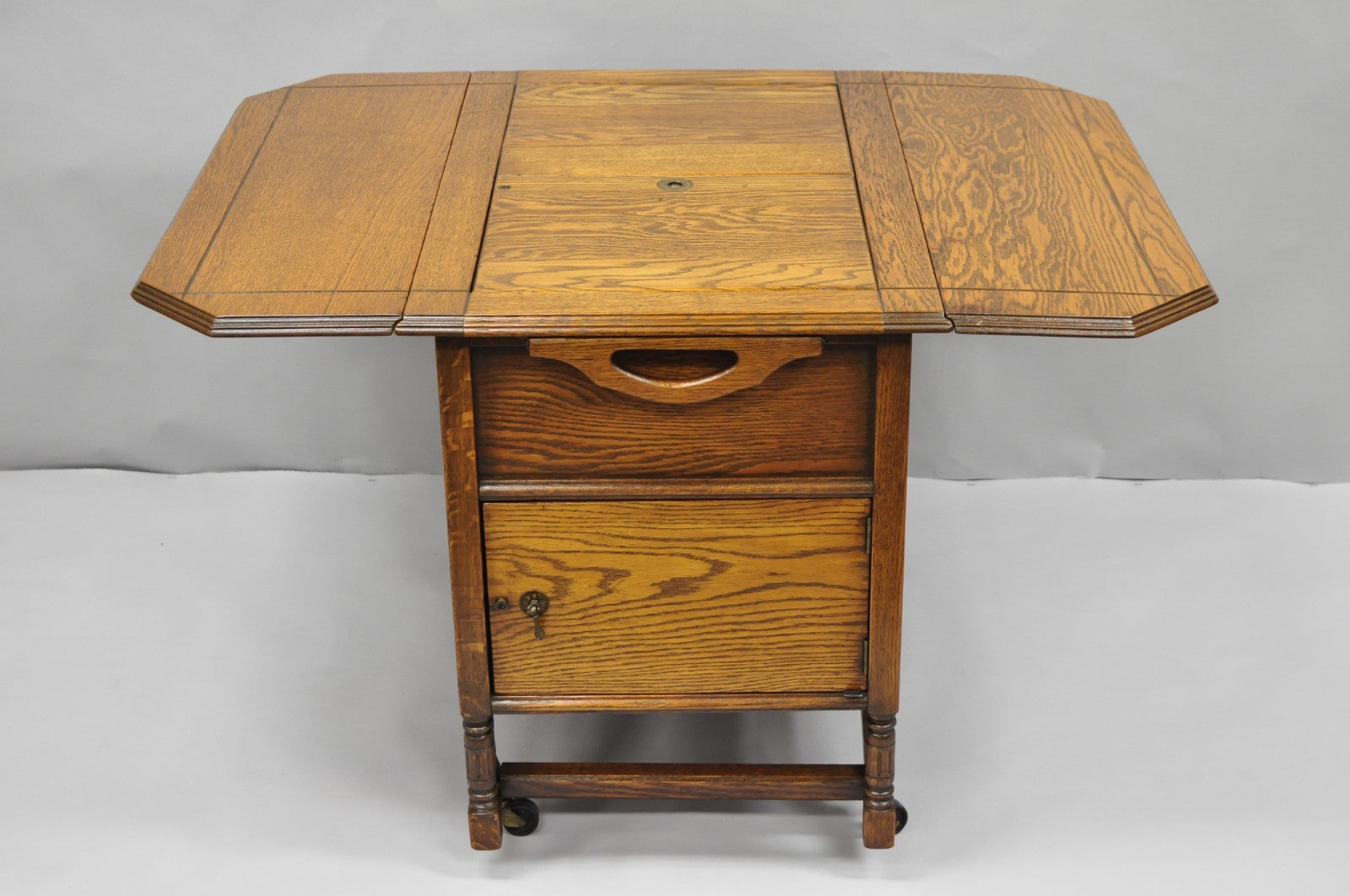 Antique Arts & Crafts Oak Wood Rolling Bar Cart Liquor Cabinet by Lammert's