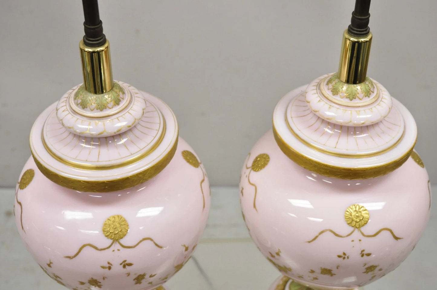 Antique French Louis XV Pink Porcelain Gold Painted Bulbous Table Lamps - a Pair