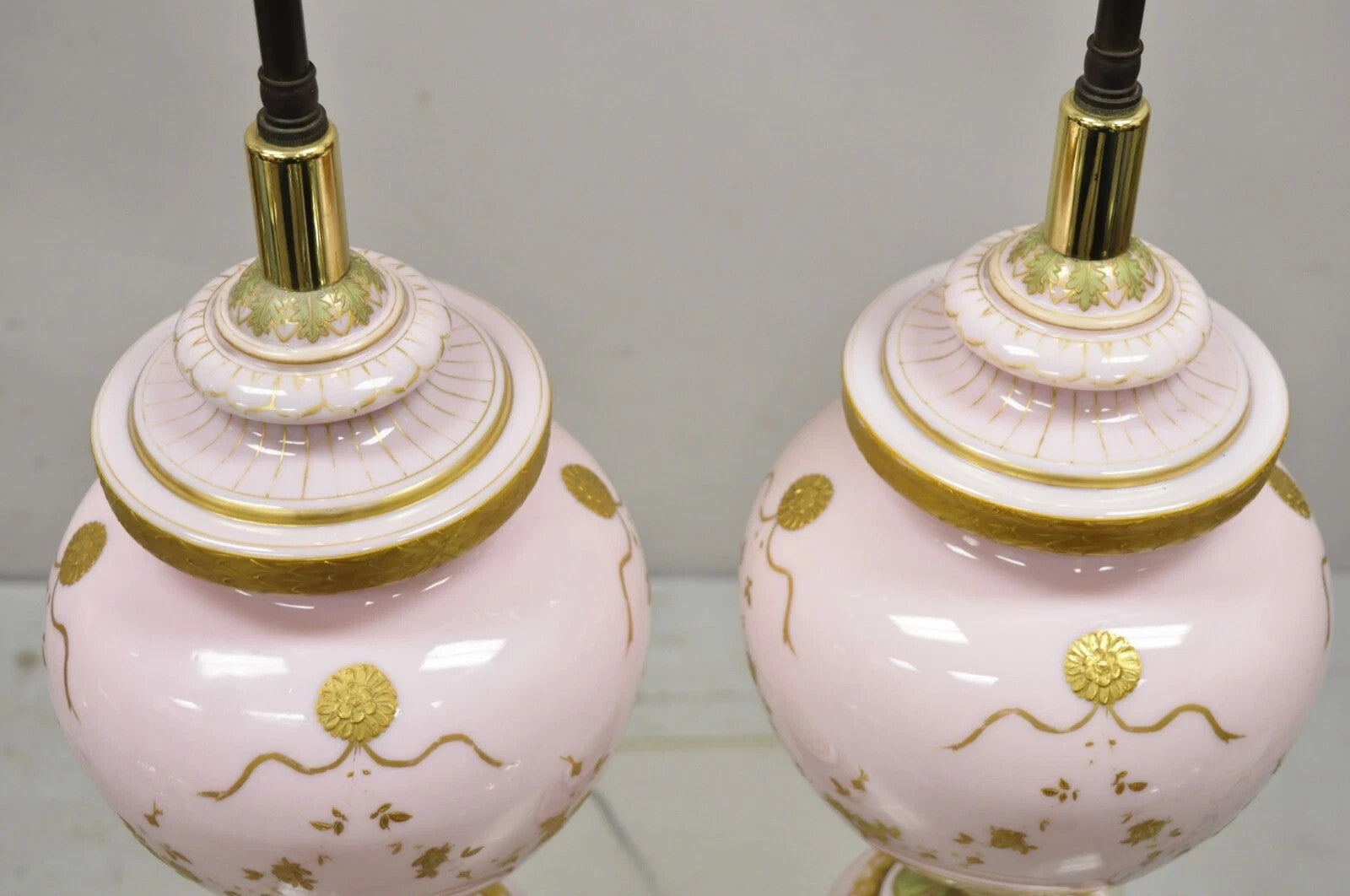 Antique French Louis XV Pink Porcelain Gold Painted Bulbous Table Lamps - a Pair