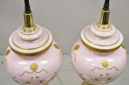 Antique French Louis XV Pink Porcelain Gold Painted Bulbous Table Lamps - a Pair
