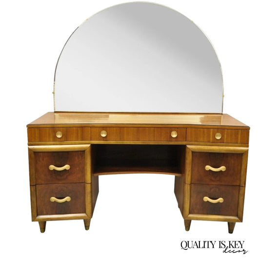 Vintage Mid Century Modern Art Deco Walnut Vanity Table w Mirror by Joerns Bros