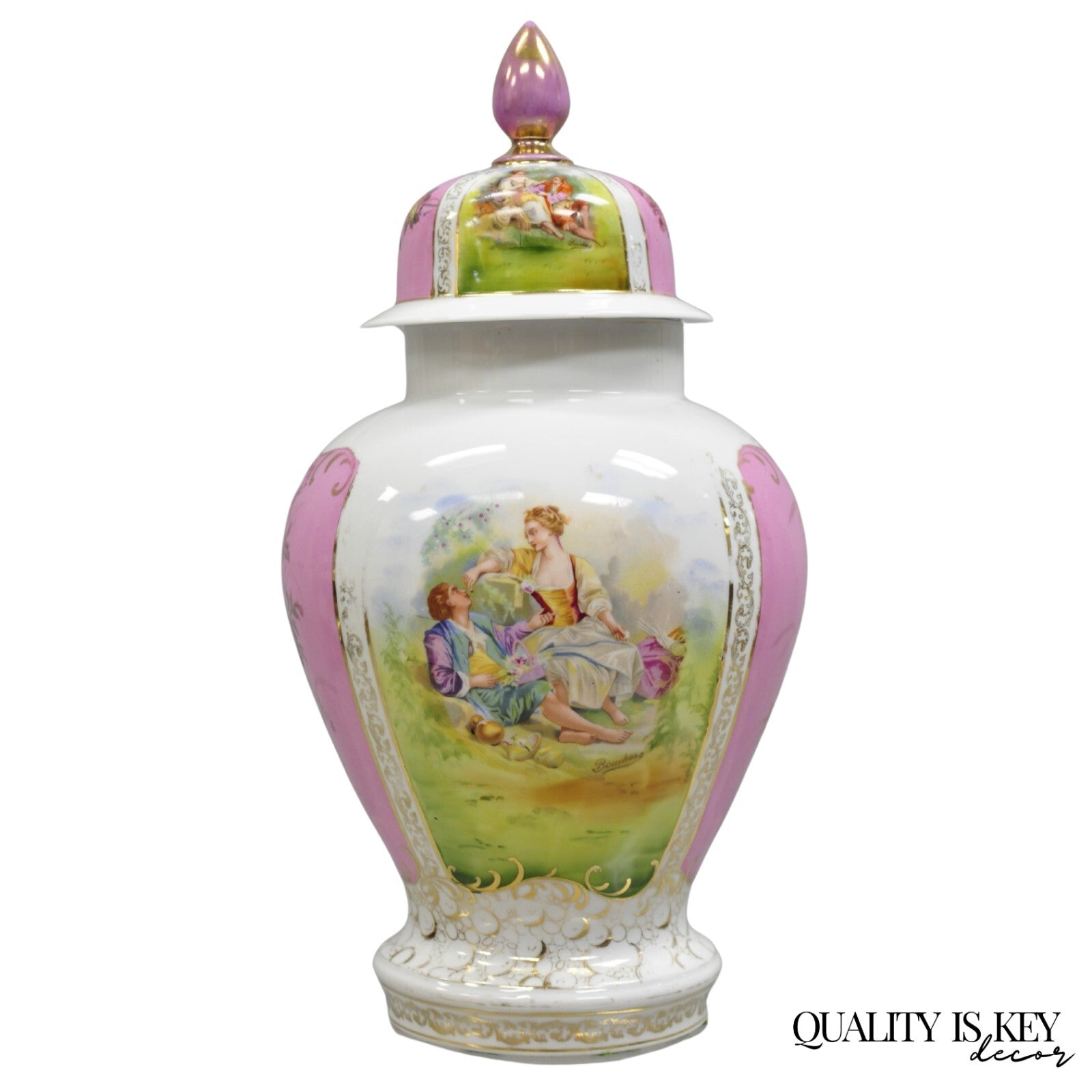 Antique Francois Boucher Victorian Pink Porcelain Lidded Urn or Covered Vase