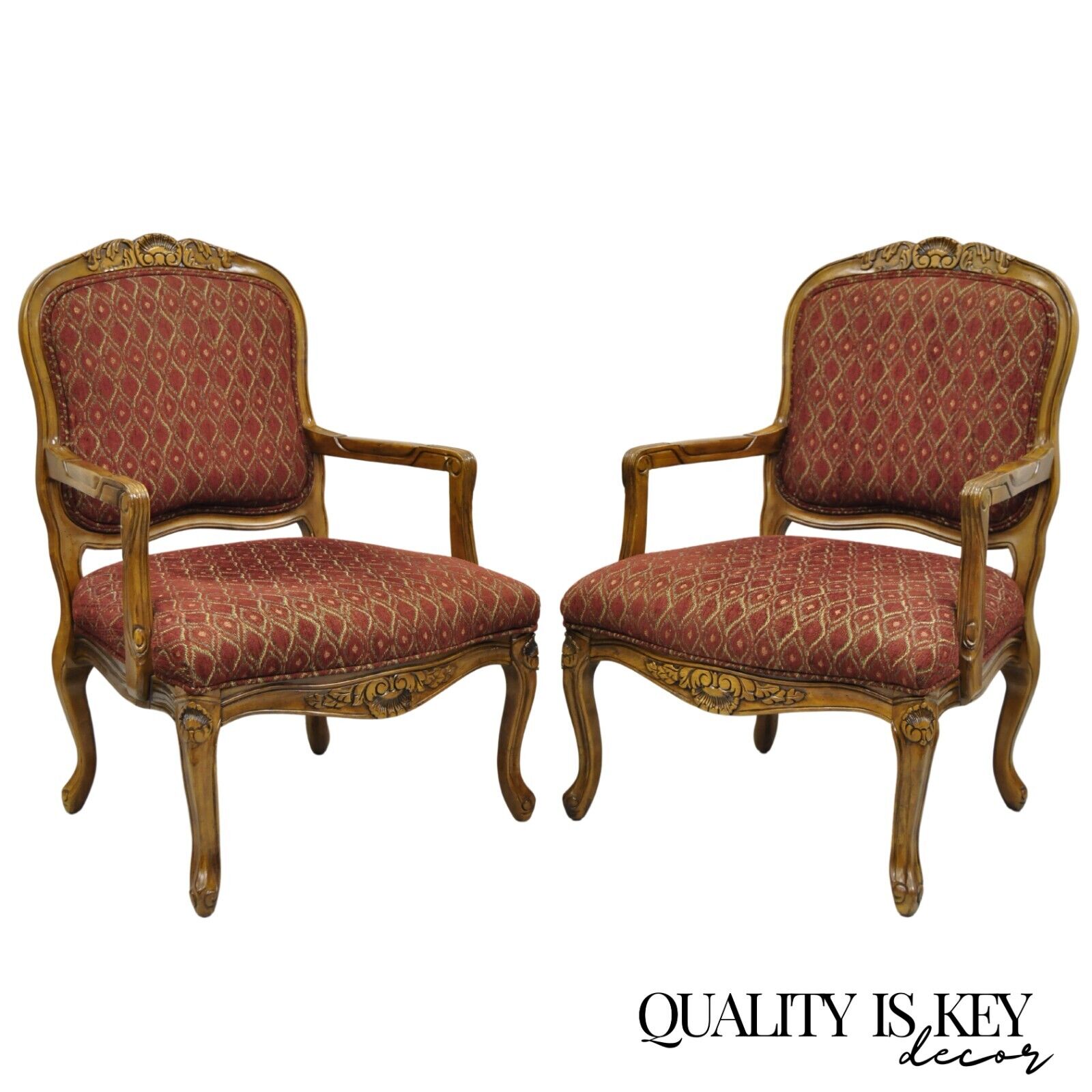 French Country Style Shell Carved Wood Burgundy Upholstered Lounge Chairs - Pair