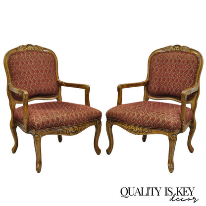French Country Style Shell Carved Wood Burgundy Upholstered Lounge Chairs - Pair