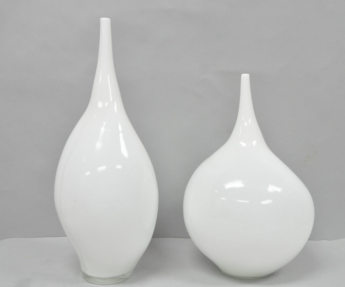 Decorative Modern White Bulbous Art Glass Vessel Vase by Lazy Susan - 2 Pc Set