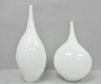 Decorative Modern White Bulbous Art Glass Vessel Vase by Lazy Susan - 2 Pc Set