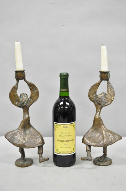 Vintage Brutalist Bronze Figural Dancing Rabbi Judaica Candlesticks - a Pair
