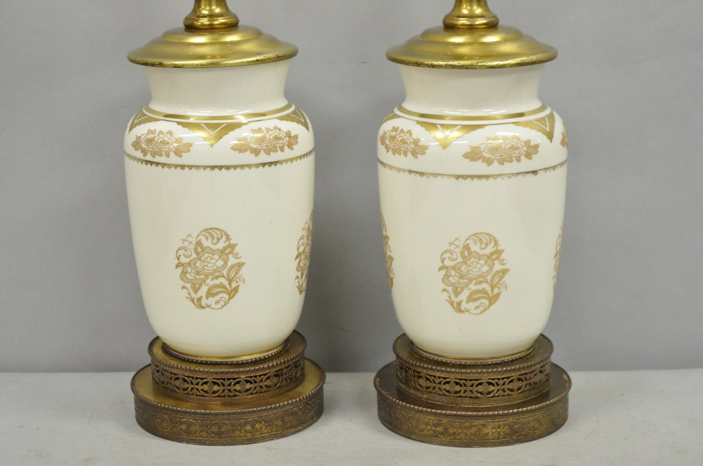 Vintage Victorian Cream & Gold Gilt Porcelain Table Lamps attr Lenox - a Pair