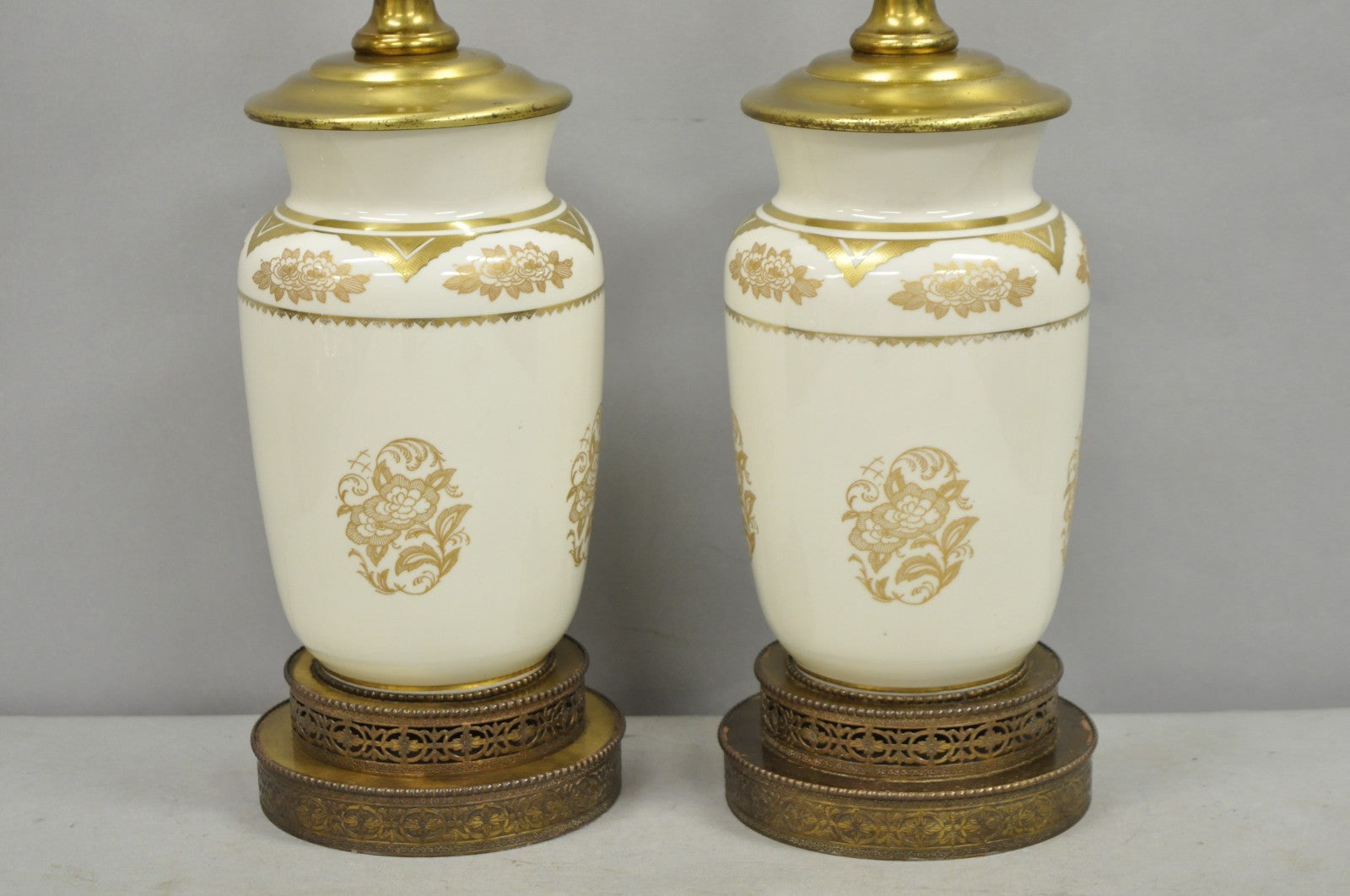 Vintage Victorian Cream & Gold Gilt Porcelain Table Lamps attr Lenox - a Pair