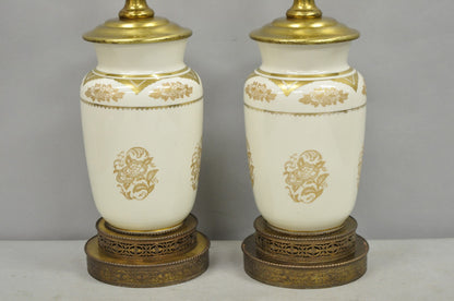 Vintage Victorian Cream & Gold Gilt Porcelain Table Lamps attr Lenox - a Pair