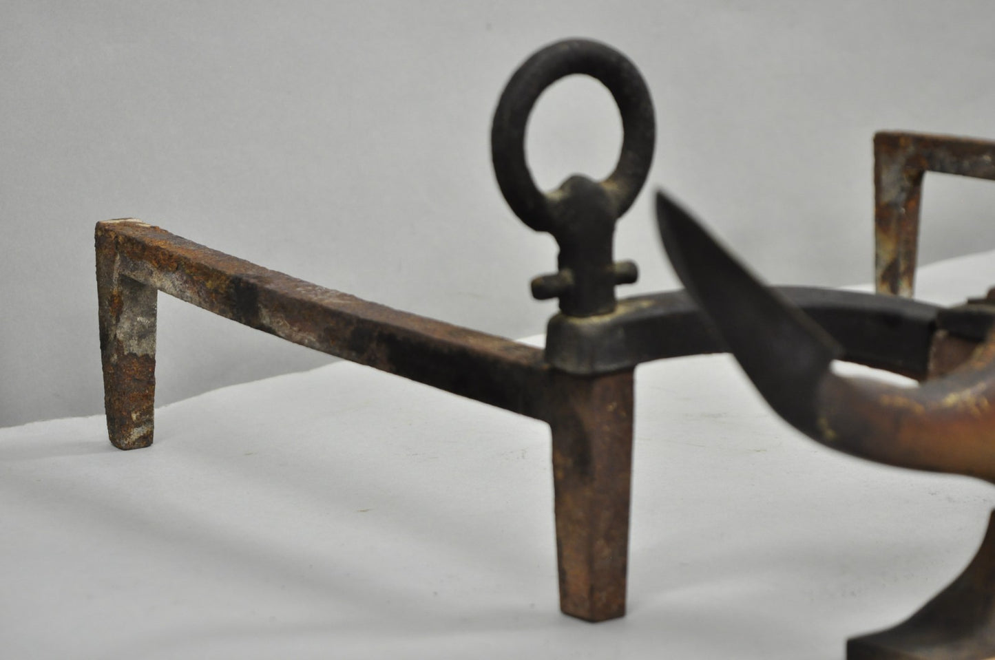 Antique Nautical Figural Ship Anchor Brass Fireplace Andirons w/ Patina - a Pair