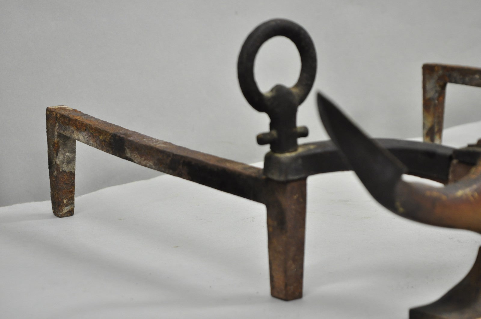 Antique Nautical Figural Ship Anchor Brass Fireplace Andirons w/ Patina - a Pair