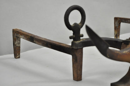 Antique Nautical Figural Ship Anchor Brass Fireplace Andirons w/ Patina - a Pair